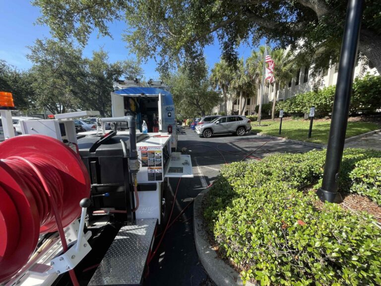 Gulfview hydro-jetting equipment and hoses set up outside a commercial building