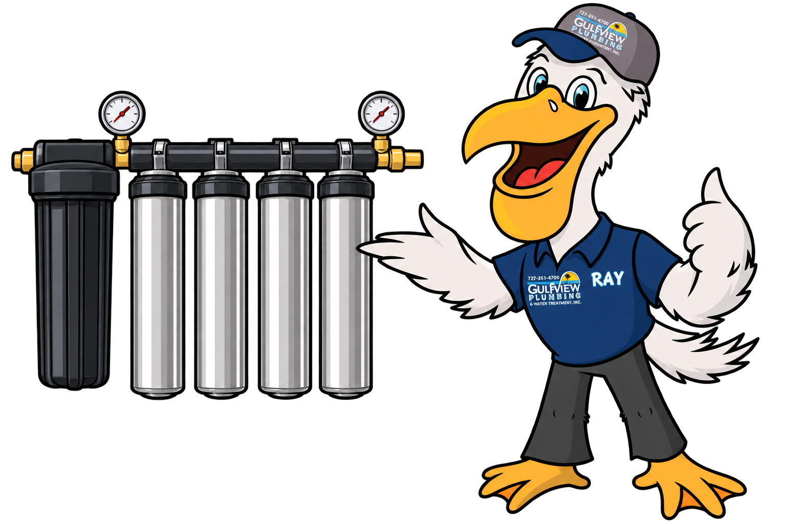 Illustration of Pelican Ray beside a commercial water filtration assembly