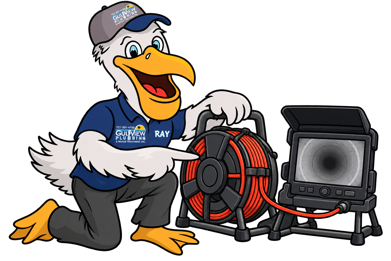 Illustration of Pelican Ray beside a sewer inspection camera reel and monitor
