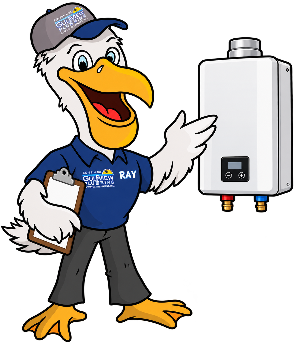 Illustration of Pelican Ray beside a tankless water heater