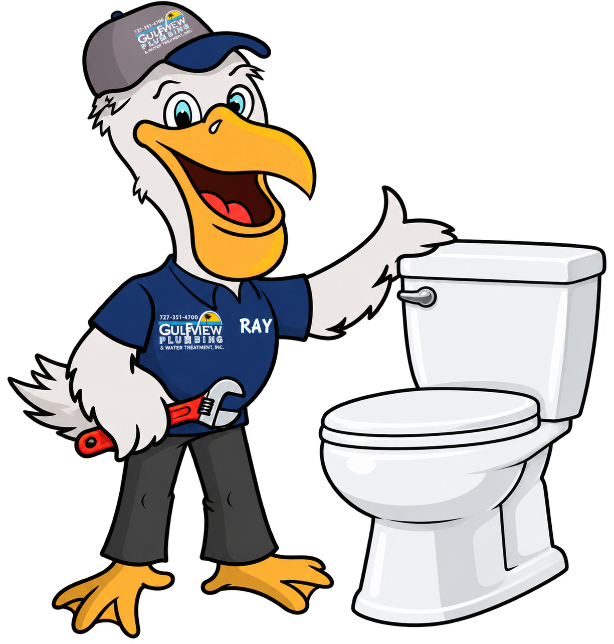Illustration of Pelican Ray beside a toilet and adjustable wrench