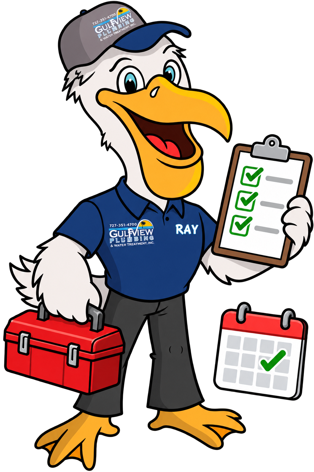 Illustration of Pelican Ray holding a maintenance checklist and toolbox beside a calendar
