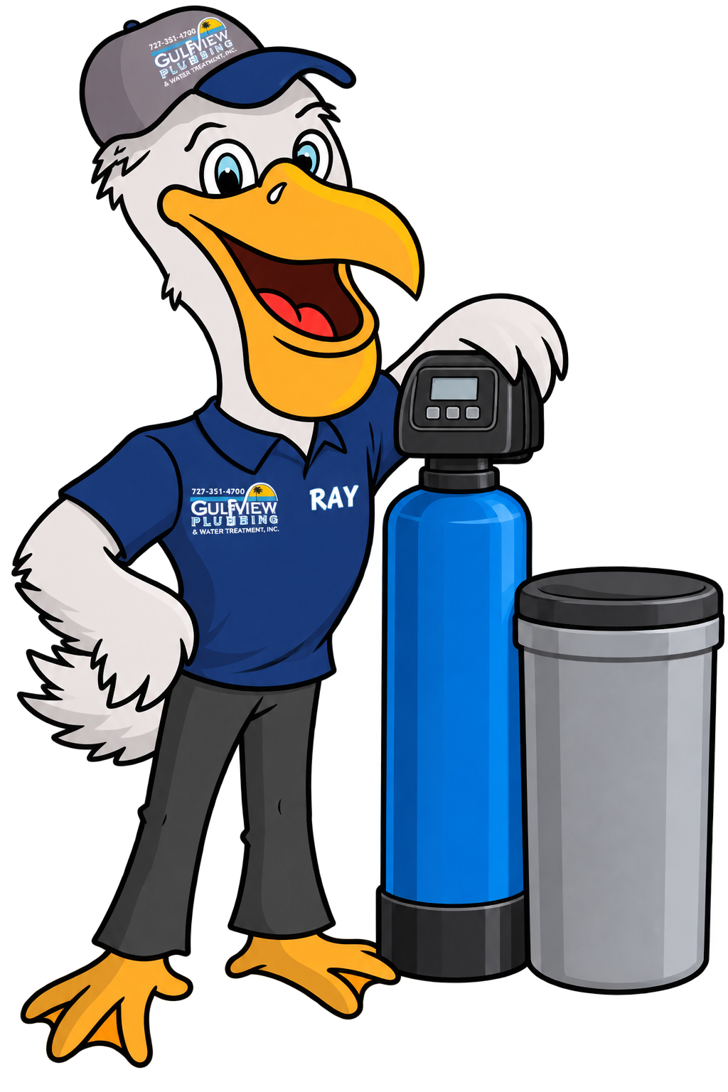 Illustration of Pelican Ray beside a water softener and brine tank