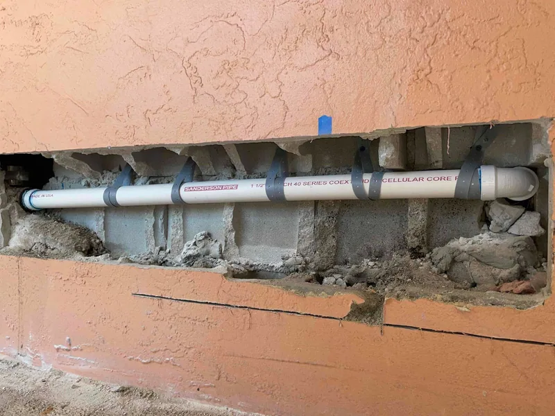 New white PVC waste arm inside the opened wall before wall restoration