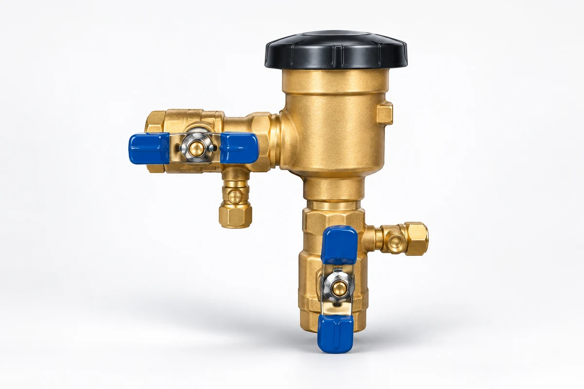 Brass pressure vacuum breaker with blue shutoff handles