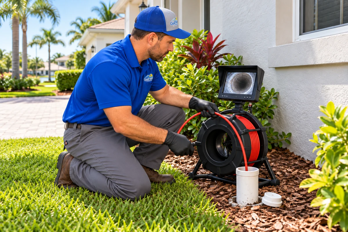 Illustration of a technician feeding a sewer camera cable into an exterior cleanout