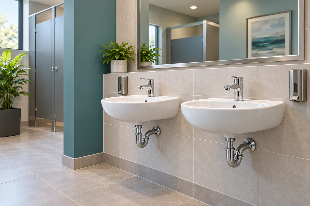 Illustrated commercial restroom with white basins and chrome faucets