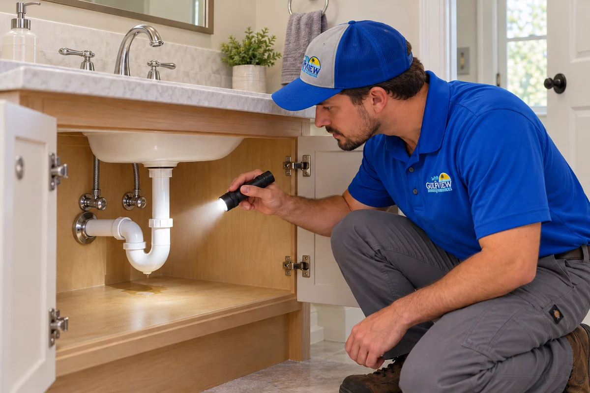 Illustration of a plumber inspecting a leaking sink trap beneath a bathroom vanity