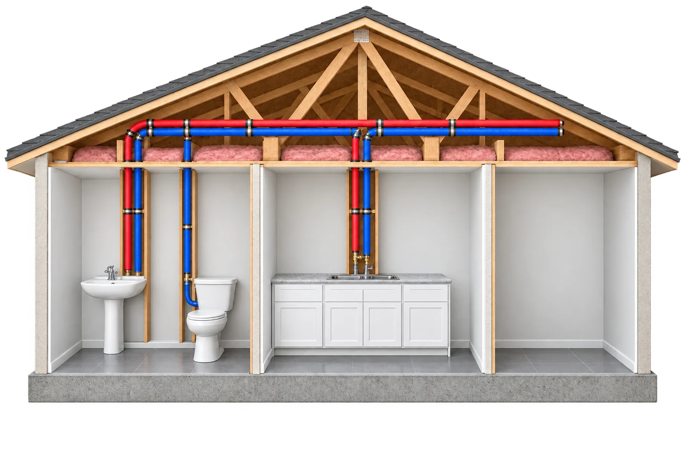 Explore repiping routes with an attic water-line cutaway