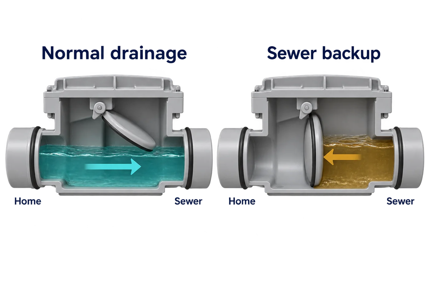 Two cutaways compare an open backwater valve during normal drainage with a closed flap blocking reverse sewer flow.