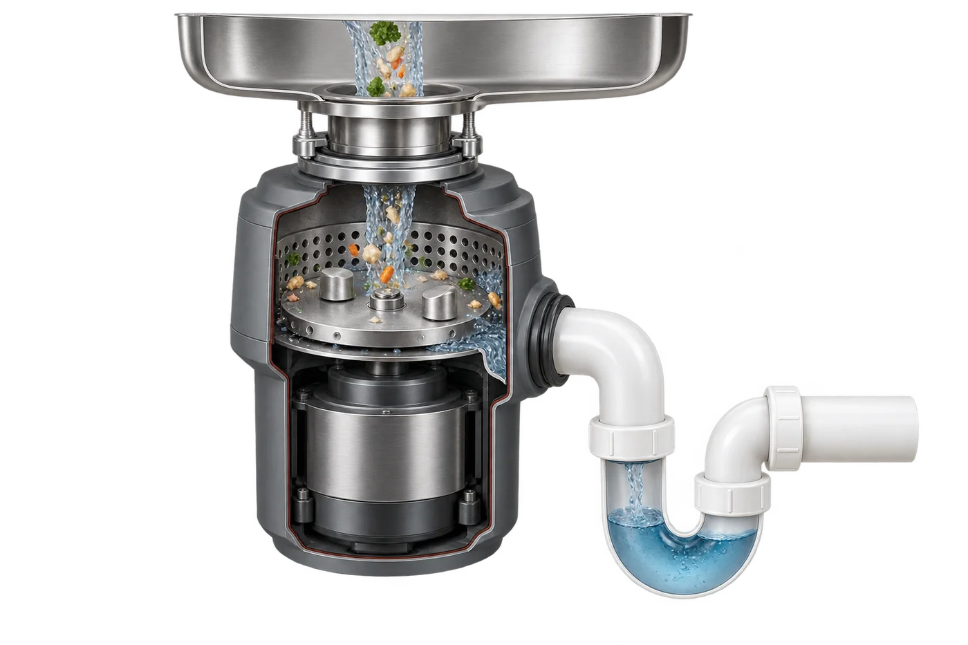 Cutaway of a garbage disposal grinding chamber and the connected sink drain and P-trap.