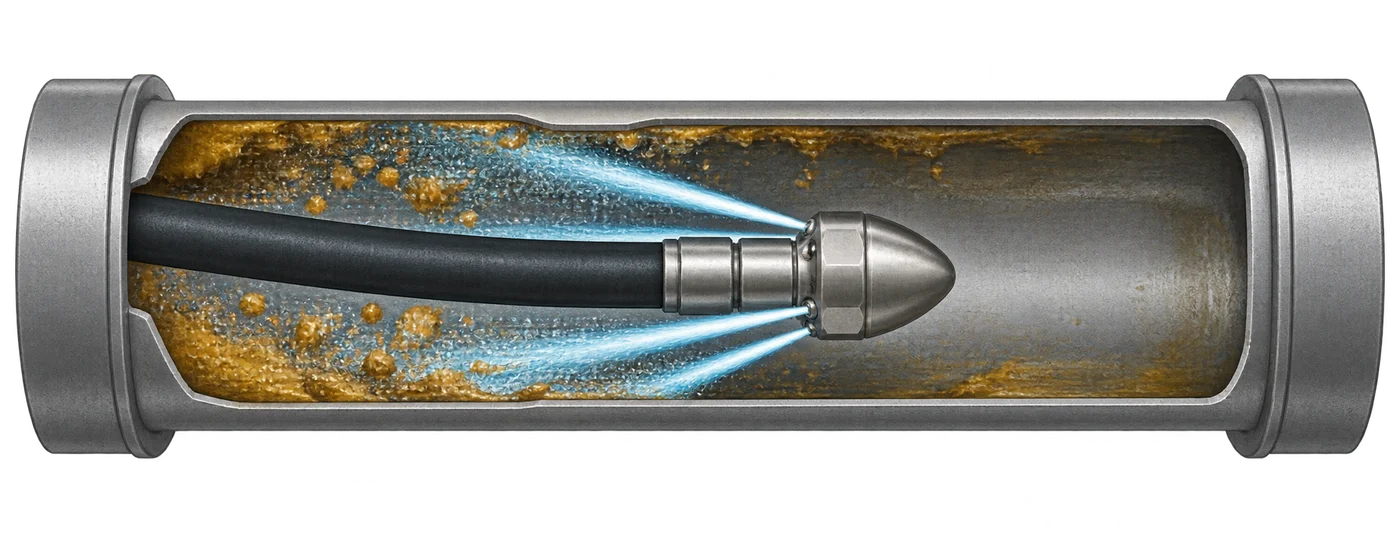 Pipe cutaway illustrating a hydro-jetting nozzle directing water toward buildup on the pipe walls.