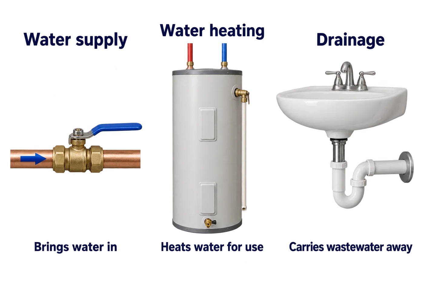 Three plumbing examples: a water-supply shutoff valve, an electric tank water heater, and a sink with a P-trap.