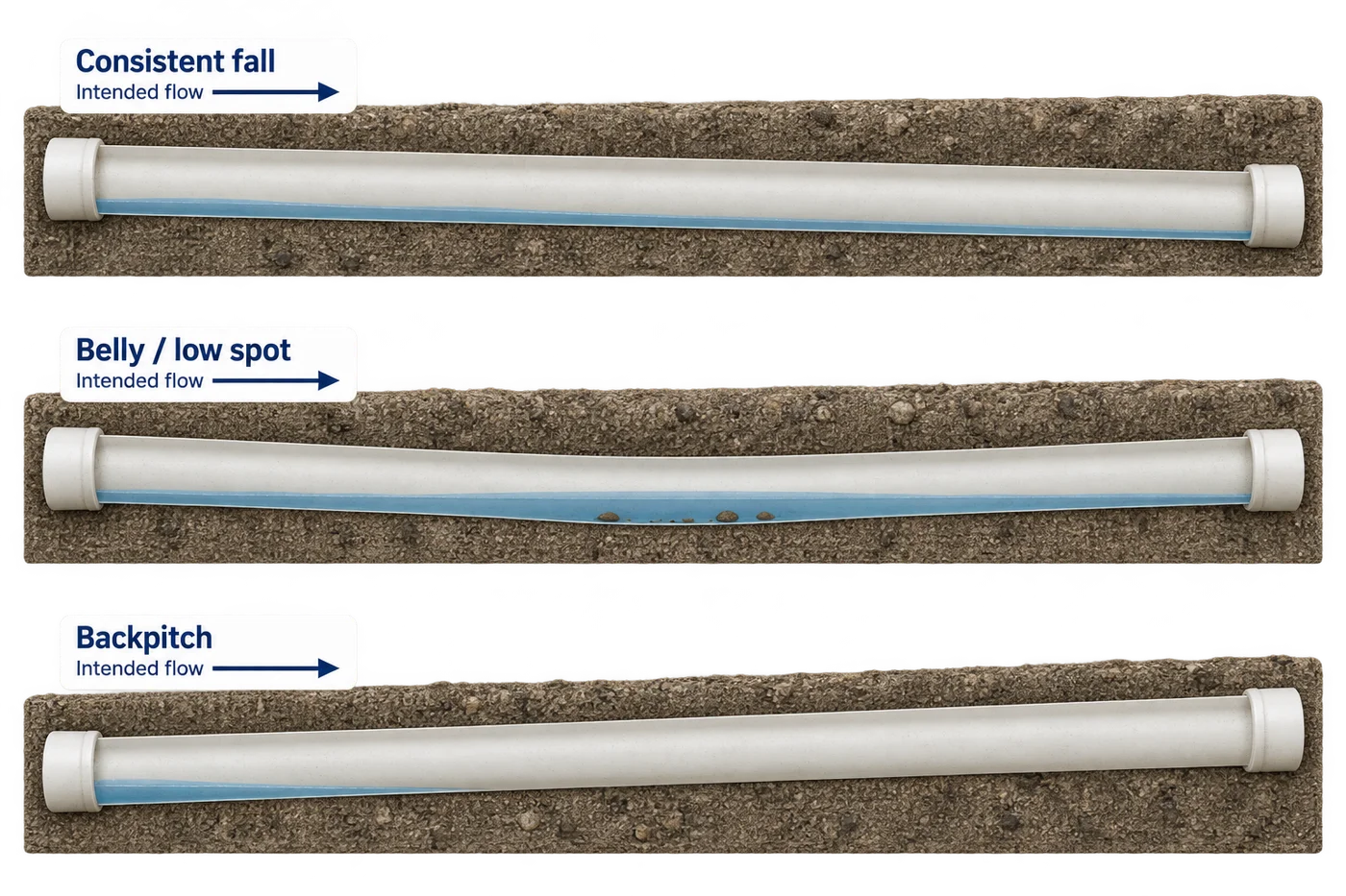 Three sewer pipe cutaways comparing consistent downhill fall, a belly holding water and sediment, and backpitch rising against intended flow.