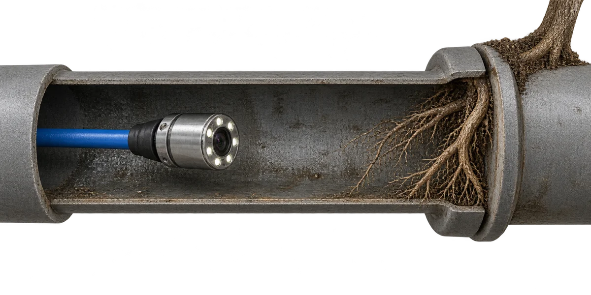 Cutaway of a sewer inspection camera approaching roots entering a pipe joint.