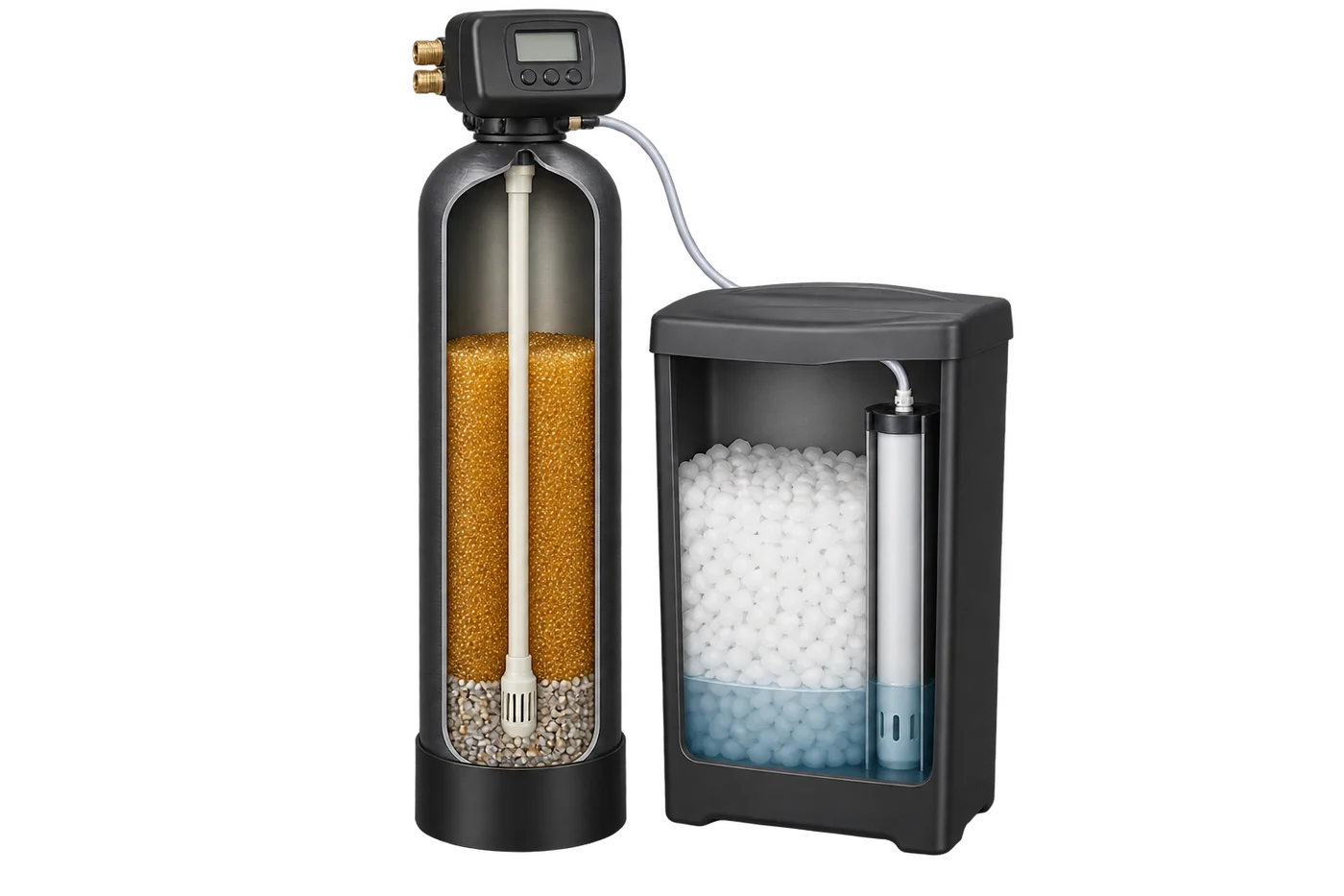 Cutaway of a two-piece water softener showing amber resin in the tall tank and salt pellets in the separate brine cabinet.