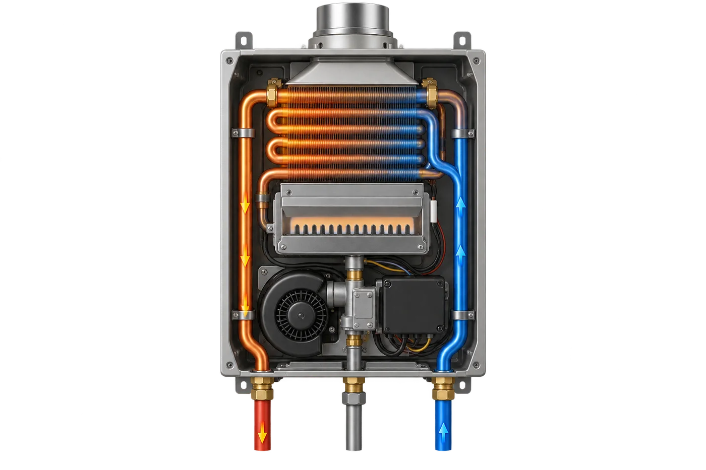 Explore tankless heating with an internal water-path cutaway