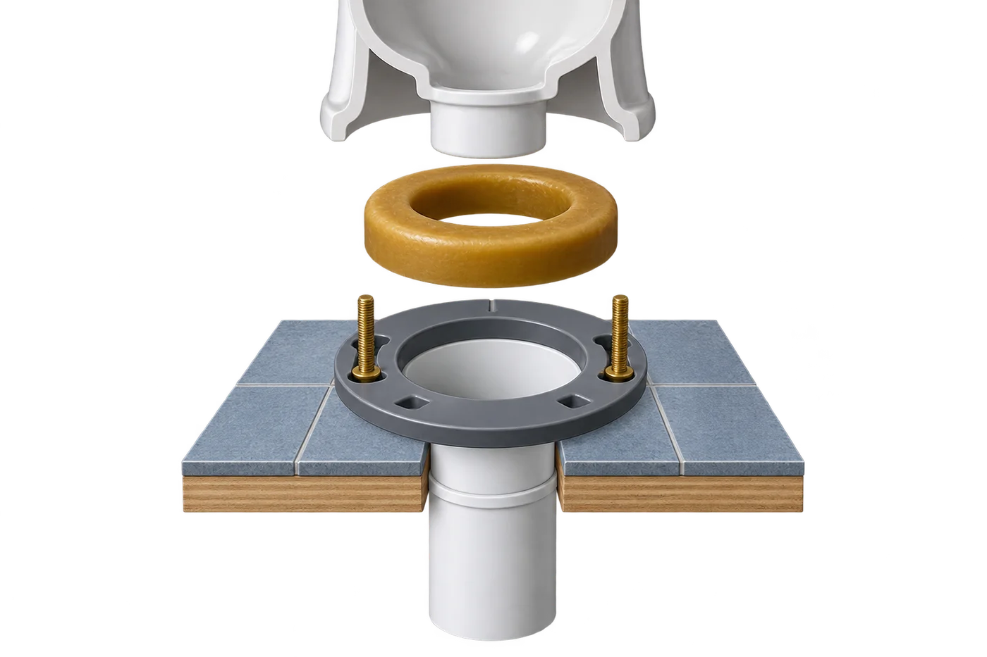 Exploded view of a toilet outlet, wax sealing ring and closet flange connected to the drain below a tiled floor.