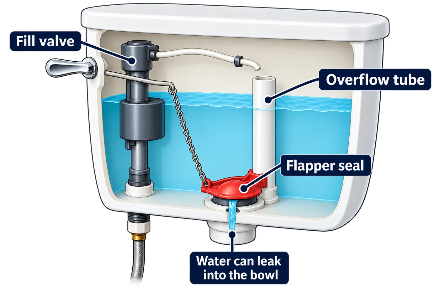 Toilet tank cutaway showing how water can pass a leaking flapper into the bowl.