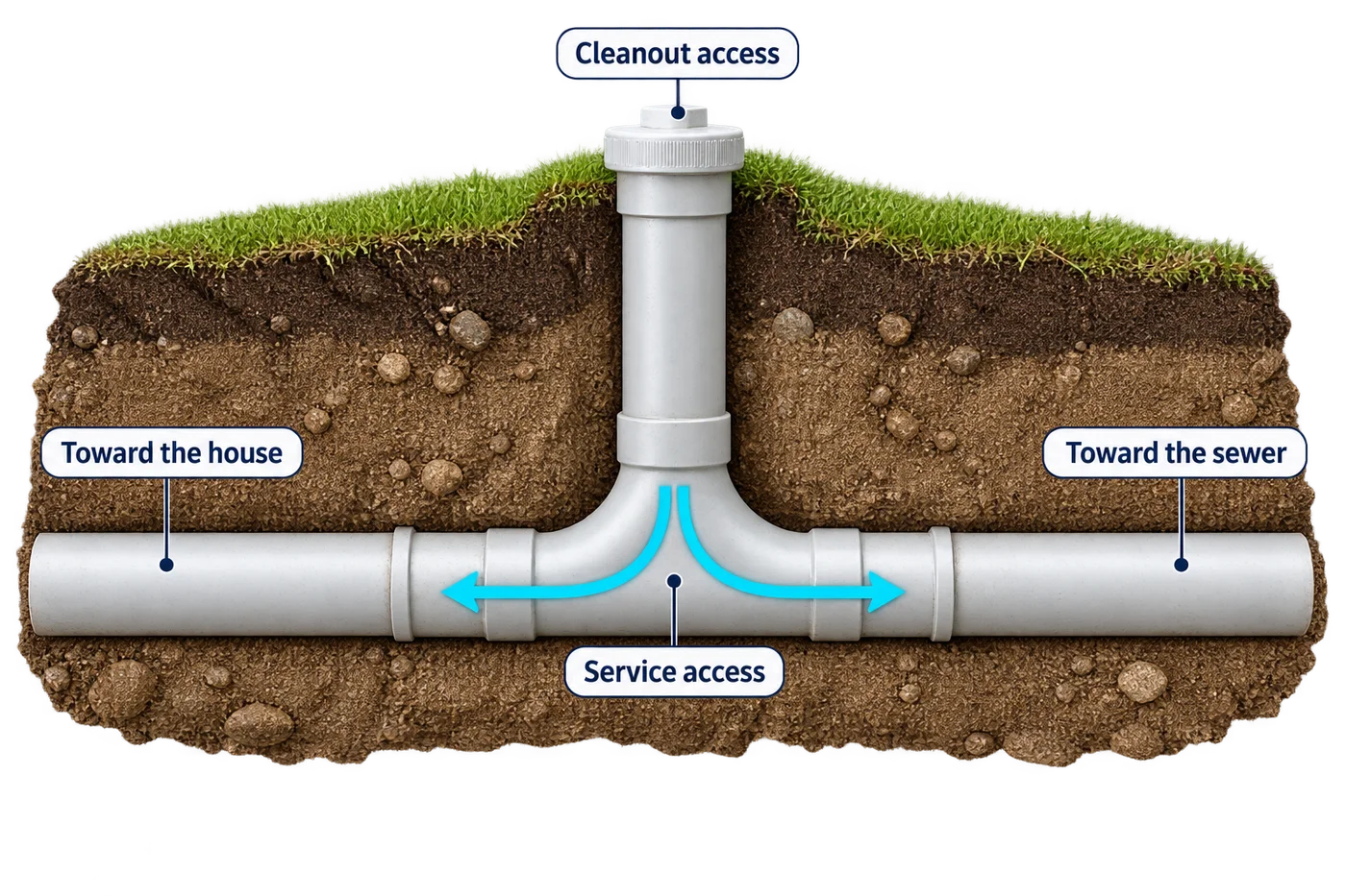 Conceptual two-way sewer cleanout showing service access toward the house and toward the outgoing sewer.