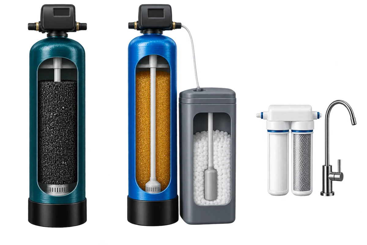 Whole-house carbon filter, resin water softener with brine tank, and under-sink filter with drinking-water faucet.