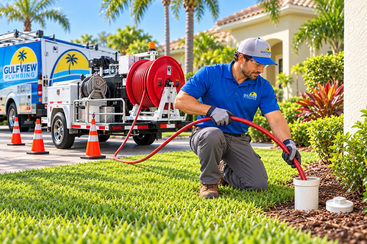 Illustration of a Gulfview-uniformed plumber hydro-jetting a sewer through an exterior cleanout with a trailer-mounted jetter