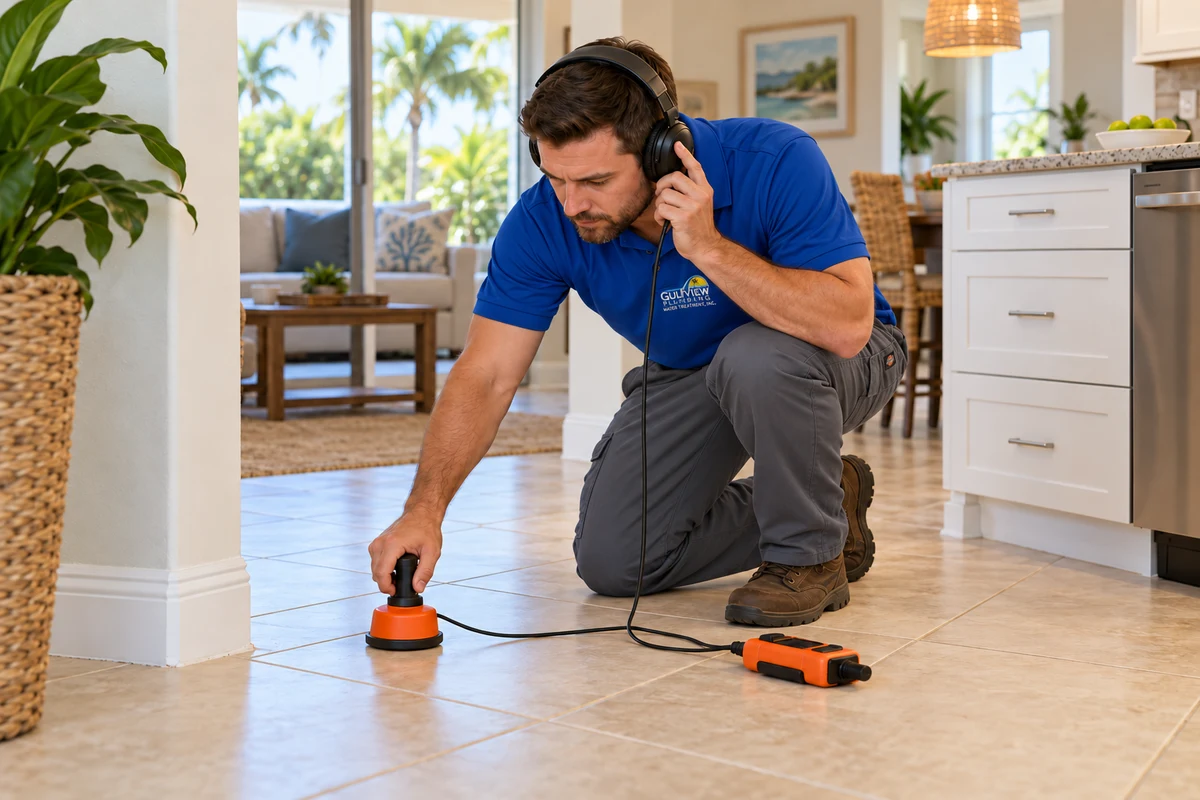 Illustration of acoustic leak detection on a tiled floor inside a home