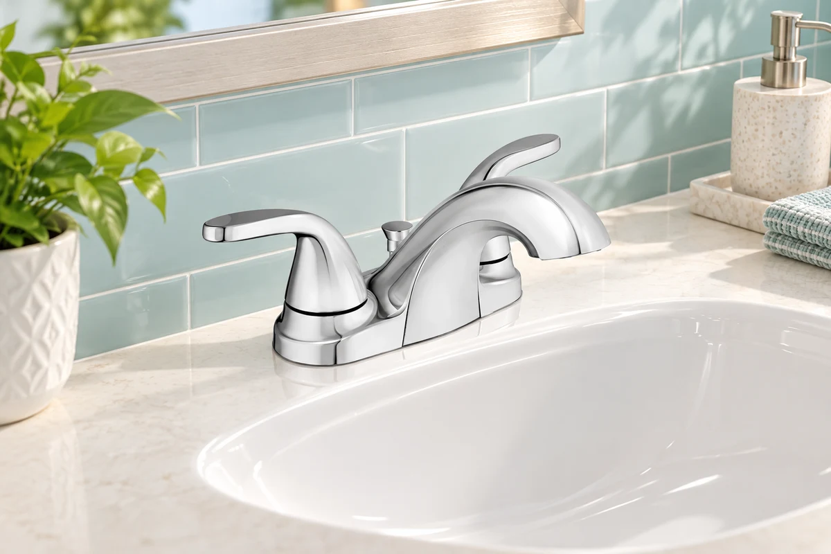 Chrome two-handle bathroom faucet beside a white sink