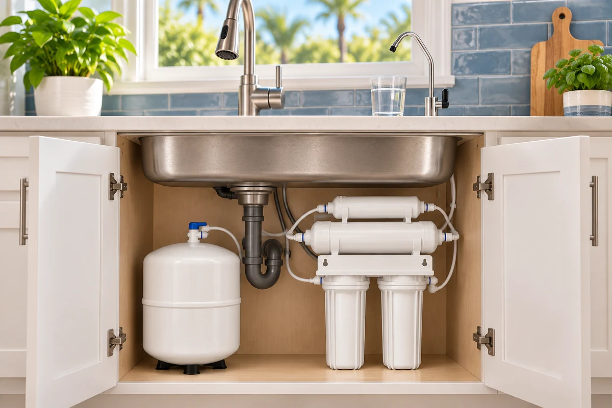 Illustration of an open sink cabinet showing a four-stage reverse-osmosis system and storage tank, with a drinking-water dispenser above