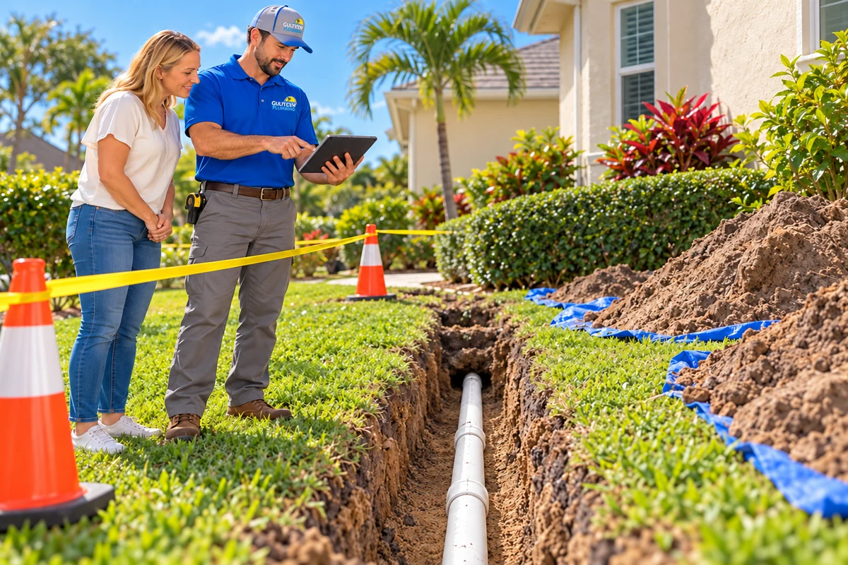 Illustration of a plumber reviewing sewer replacement options with a homeowner beside a marked trench