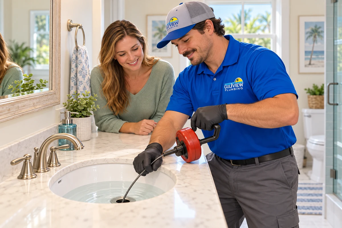 Illustration of a plumber clearing a bathroom sink drain with a hand-operated cable