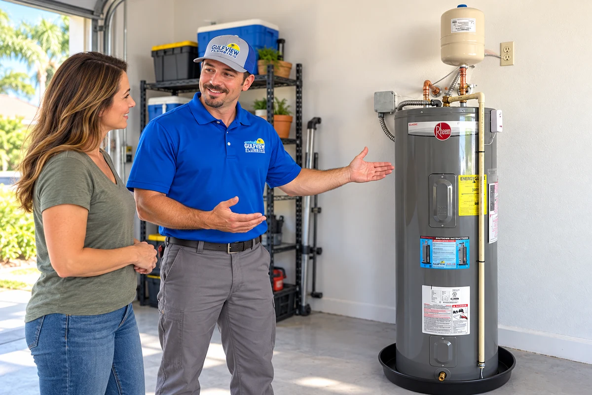 Illustration of a plumber discussing tank water-heater options with a homeowner