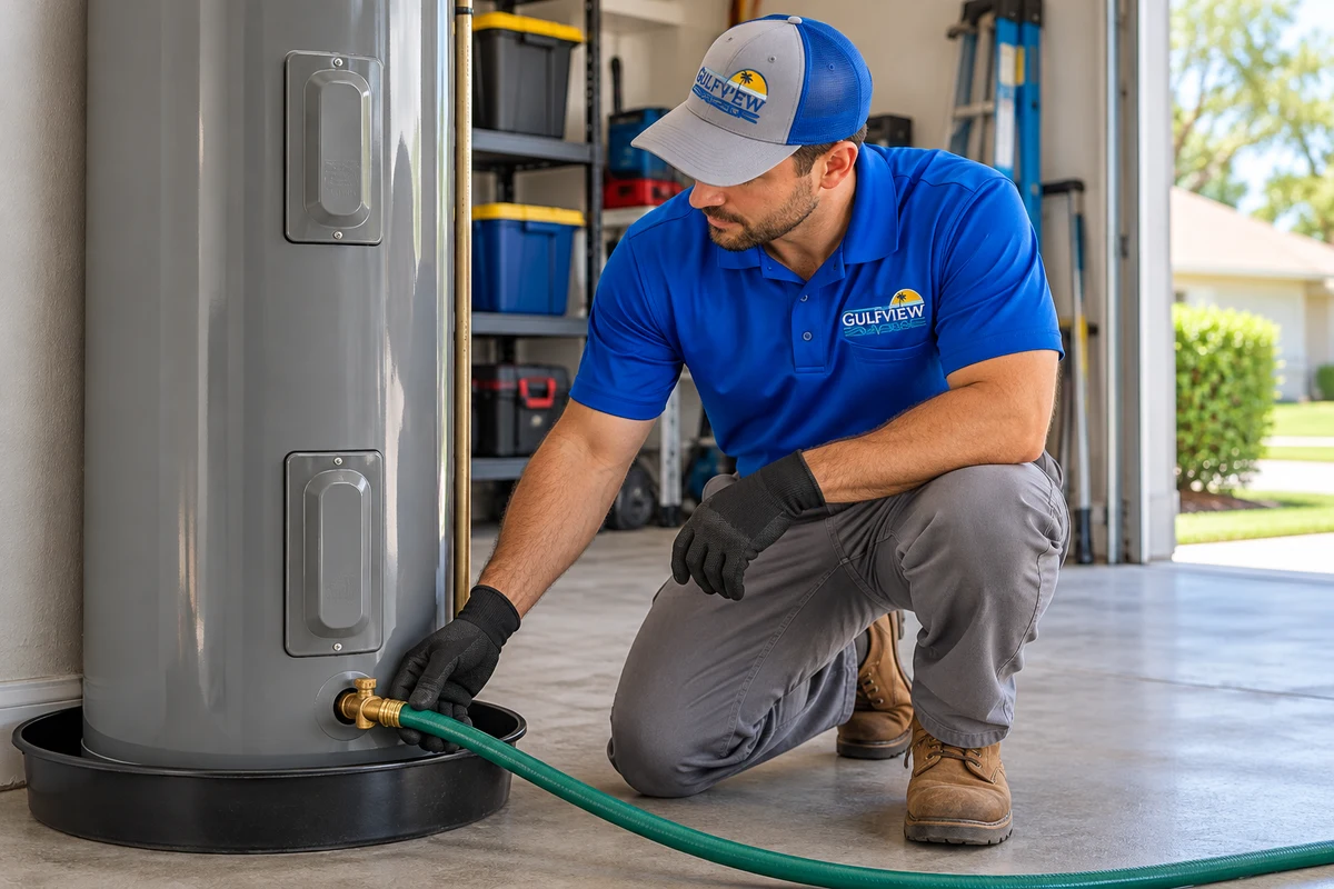 Illustration of a Gulfview-uniformed plumber checking a drain hose connected to a tank water heater