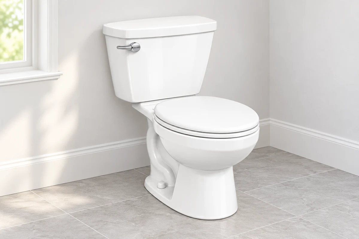 White round-front two-piece toilet in a bright bathroom