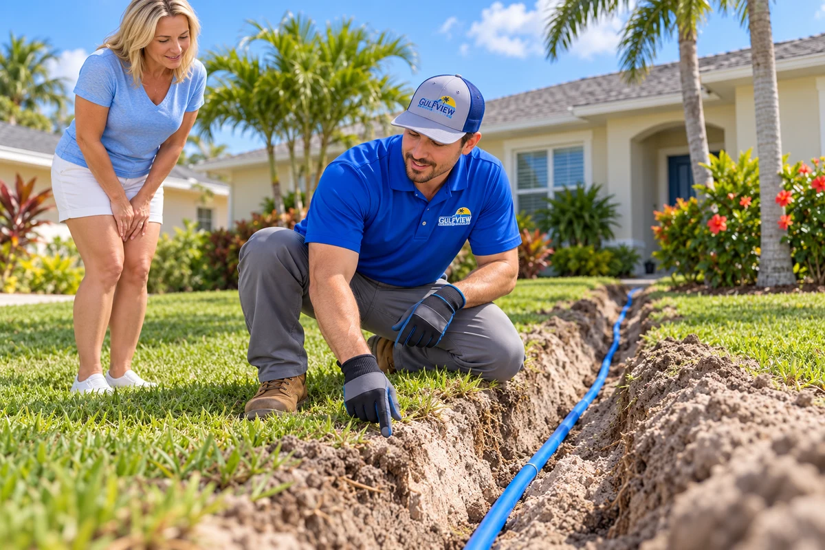 Illustration of a Gulfview-uniformed plumber discussing a water-supply line replacement route with a homeowner